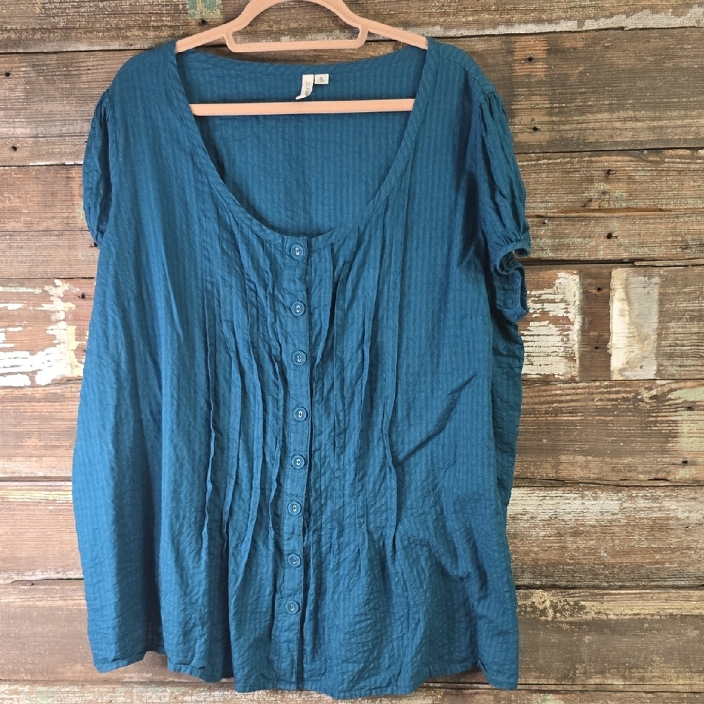 St. John's Bay Teal Blue Buttoned Relaxed Blouse, Womens Plus 2X